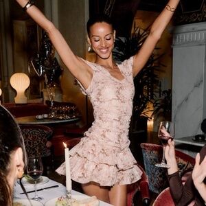 Lulus Romanette Blush Floral Mesh Off-the-shoulder Tiered Mini Dress Pink
